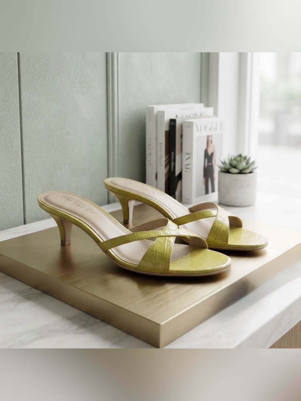 Cole Haan Chartreuse Croc-Embossed Kitten Heel Mules